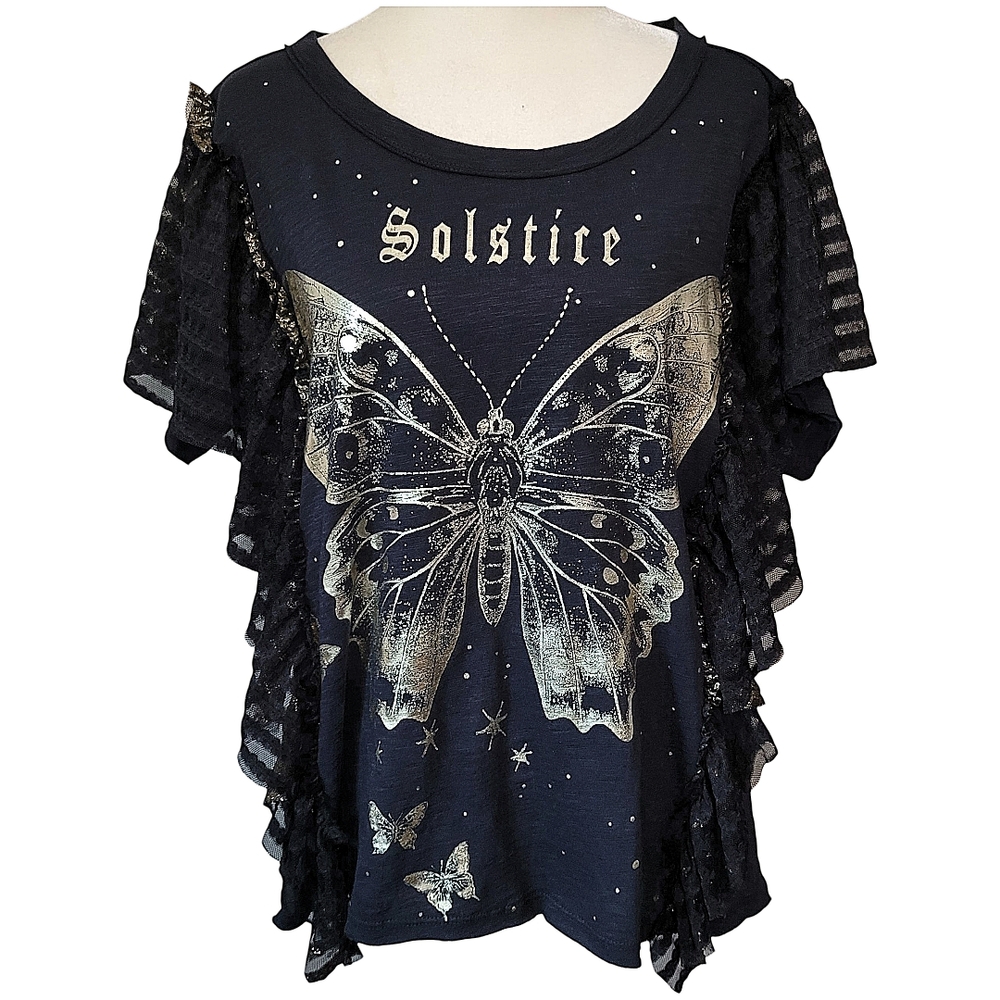 Anthropologie Pilcro Solstice Butterfly Tee Black Gold Lace Flutter Sleeve S - Picture 3 of 15